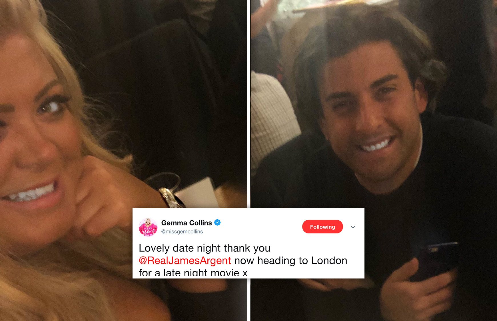 Gemma Collins takes 'date night' selfie in busy restaurant after hitting London with TOWIE co-star James Argent for 'late night movie'