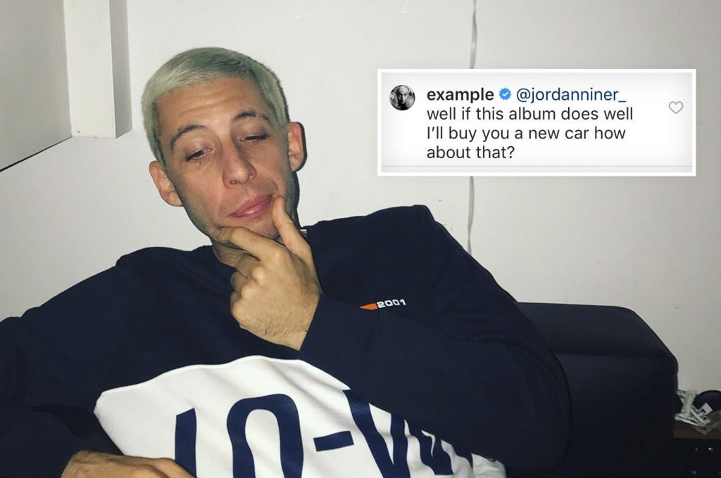 Singer Example promises to buy fan new car if his 'new album does well' after they claimed their car is from 2001 and 'has no AUX'