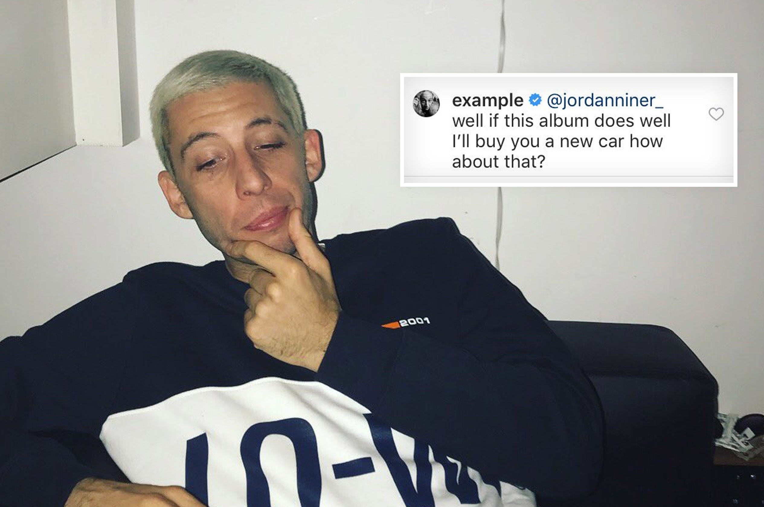 Singer Example promises to buy fan new car if his 'new album does well' after they claimed their car is from 2001 and 'has no AUX'