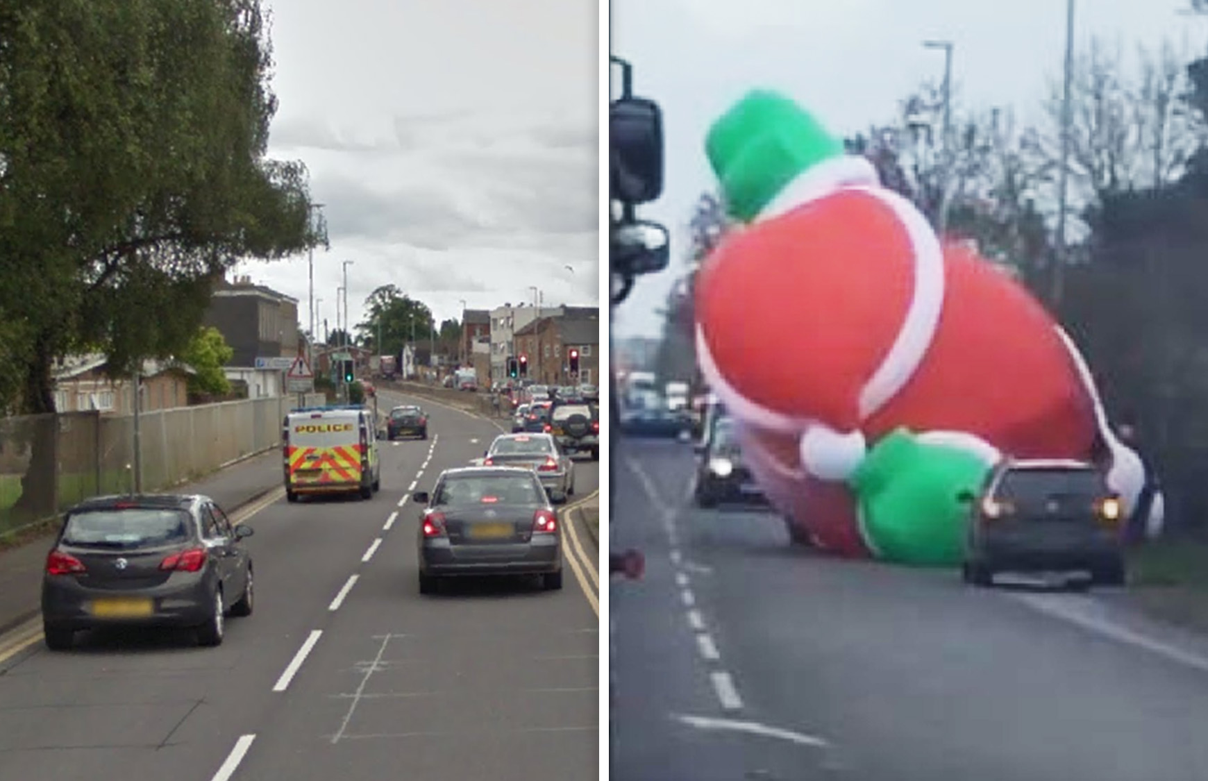 Giant inflatable Santa causes traffic chaos as it blocks main road ahead of town's royal visit from Prince Charles