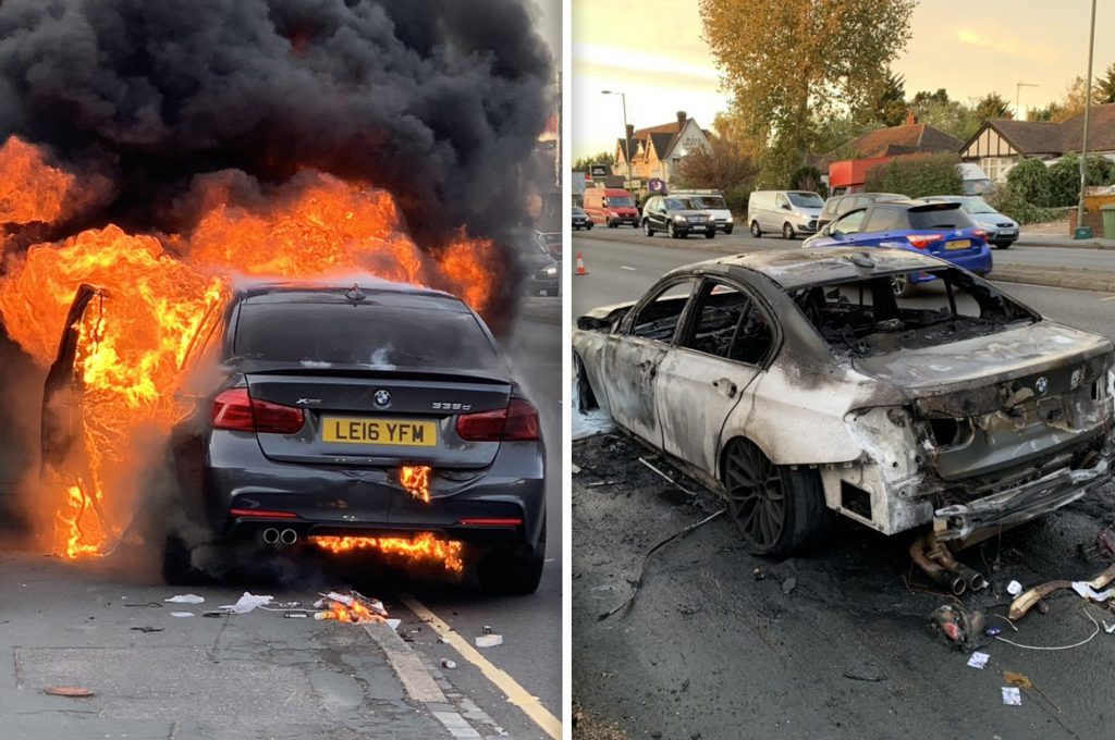 Firefighter's BMW making 'strange noise' bursts into flames while he was driving his 10-year-old son home from school in Surrey