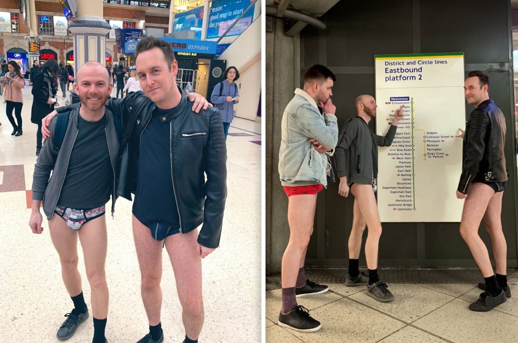 Commuters strip down to their underwear on London Underground for annual 'No Trousers Tube Ride' in attempt to 'brighten up January'