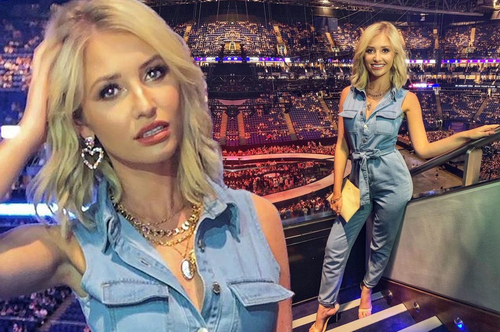 Love Island's Amy Hart looks effortlessly chic in blue denim jumpsuit as she attends Ariana Grande concert at O2 Arena in London