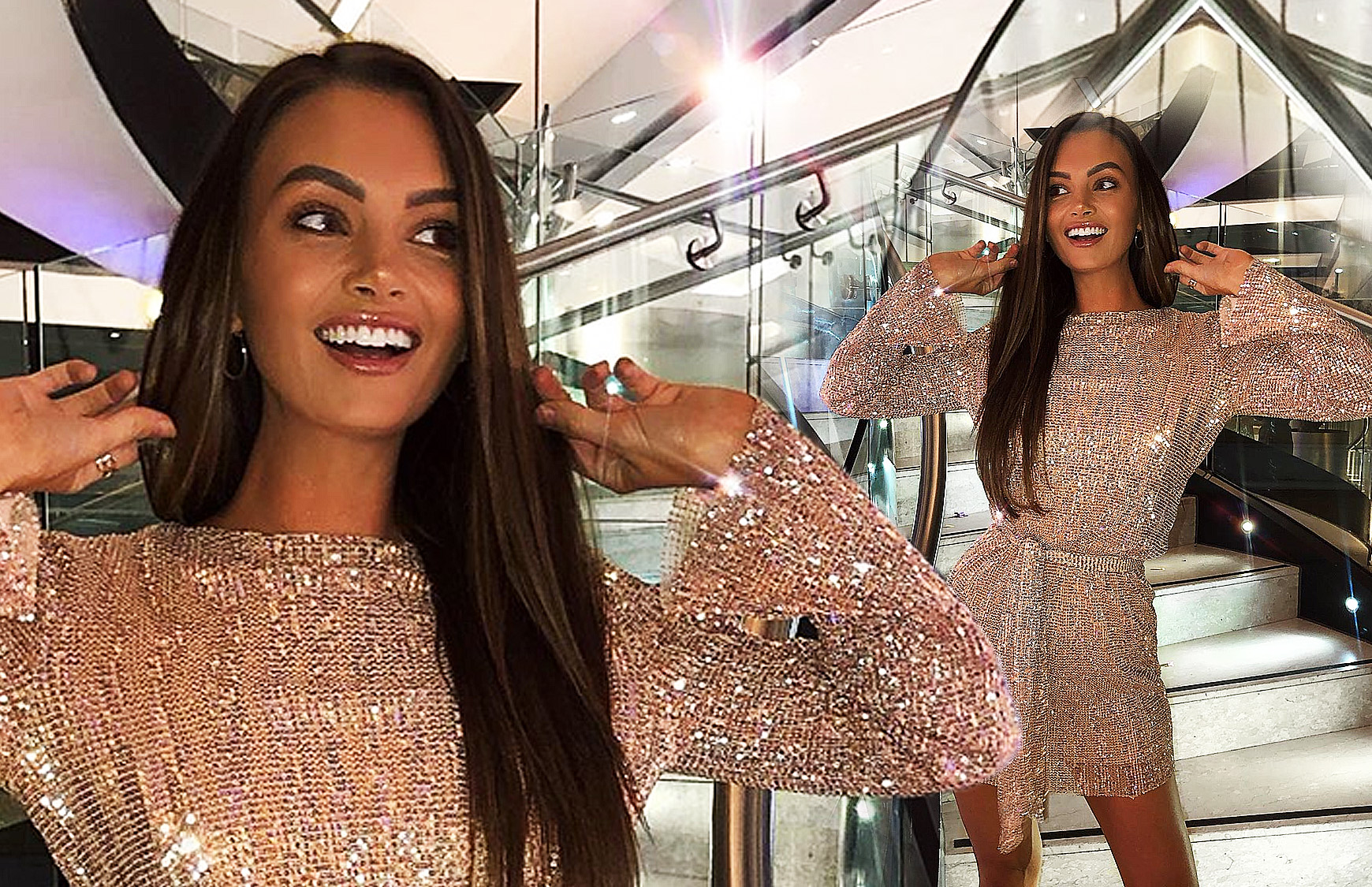 Kendall Rae-Knight shows off her pearly whites as she cuts slim line figure in glitzy sequin-covered playsuit on evening out in London