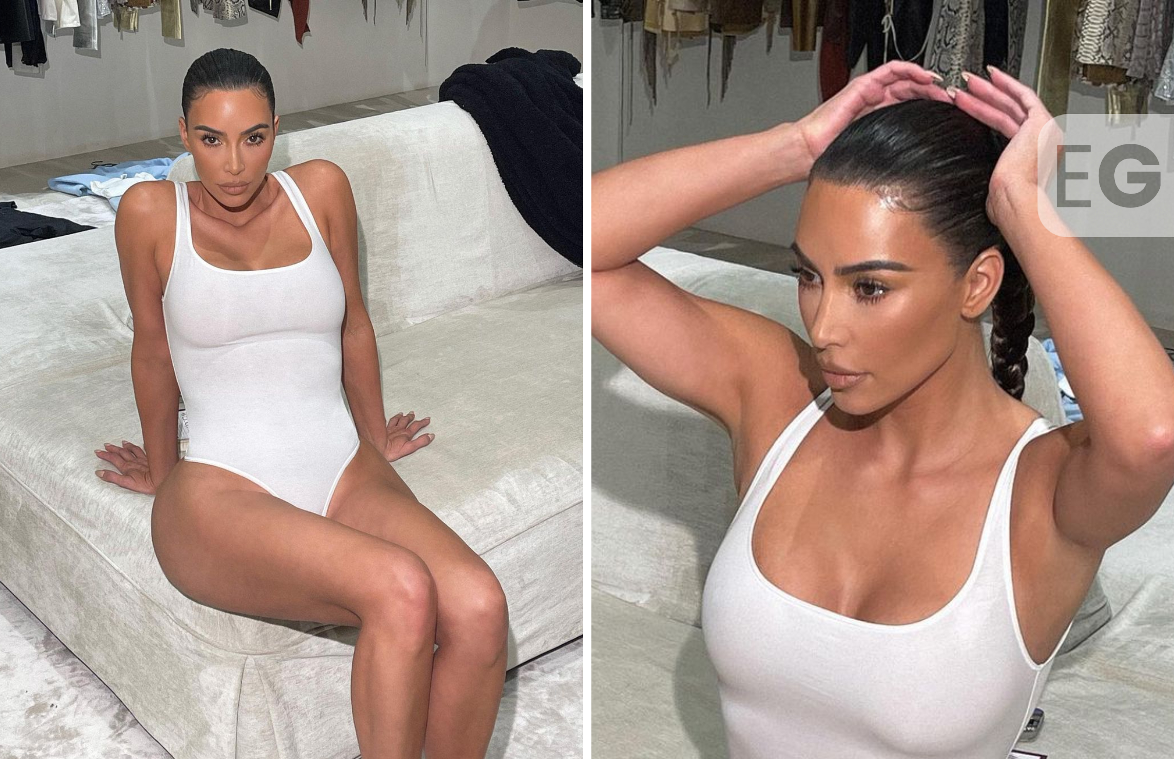 Kim Kardashian strips to swimwear for brand collab