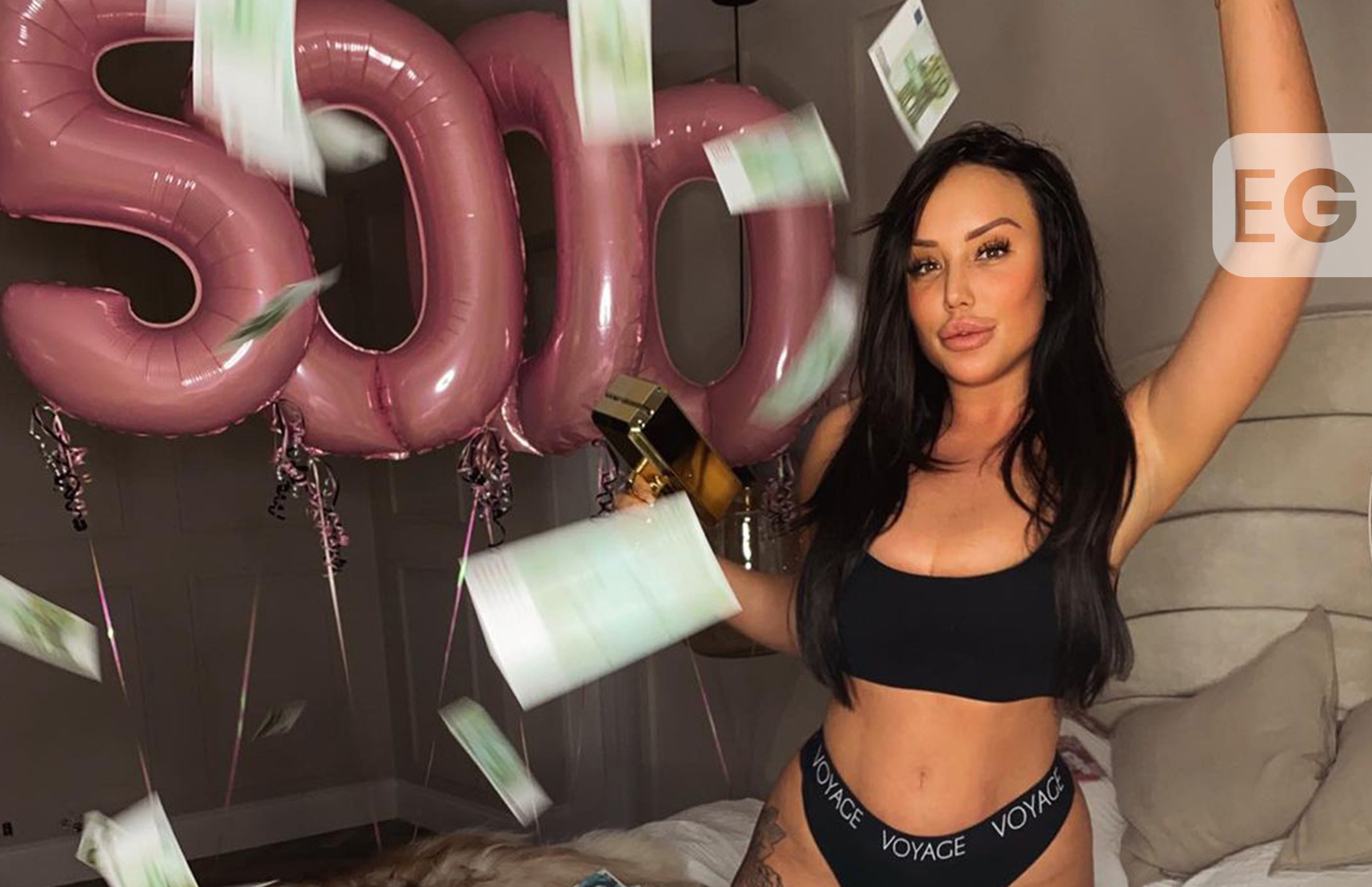 Charlotte Crosby poses in bed of cash for Instagram giveaway