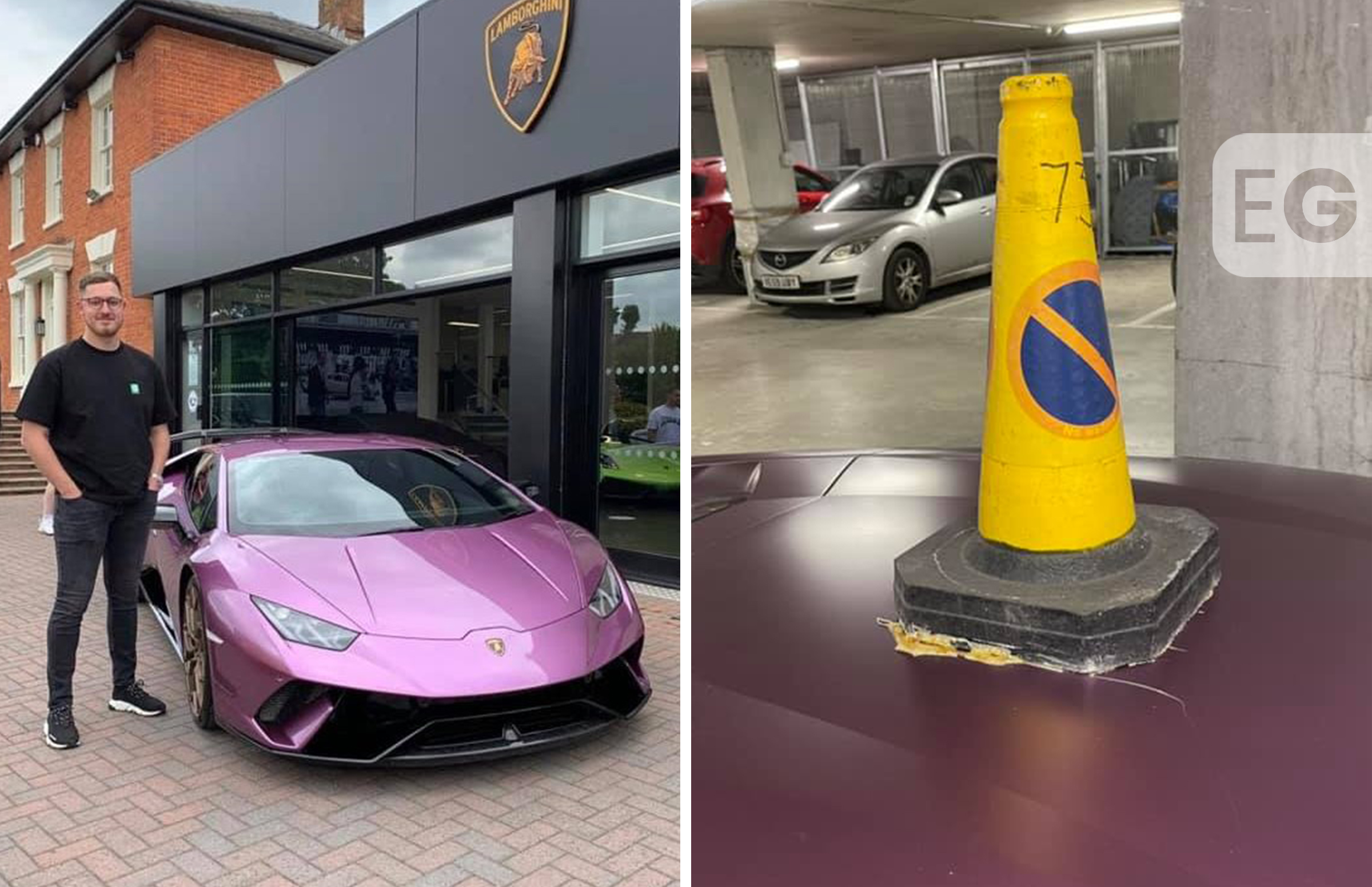 Vandals GLUE traffic cone to roof of £215k Lamborghini