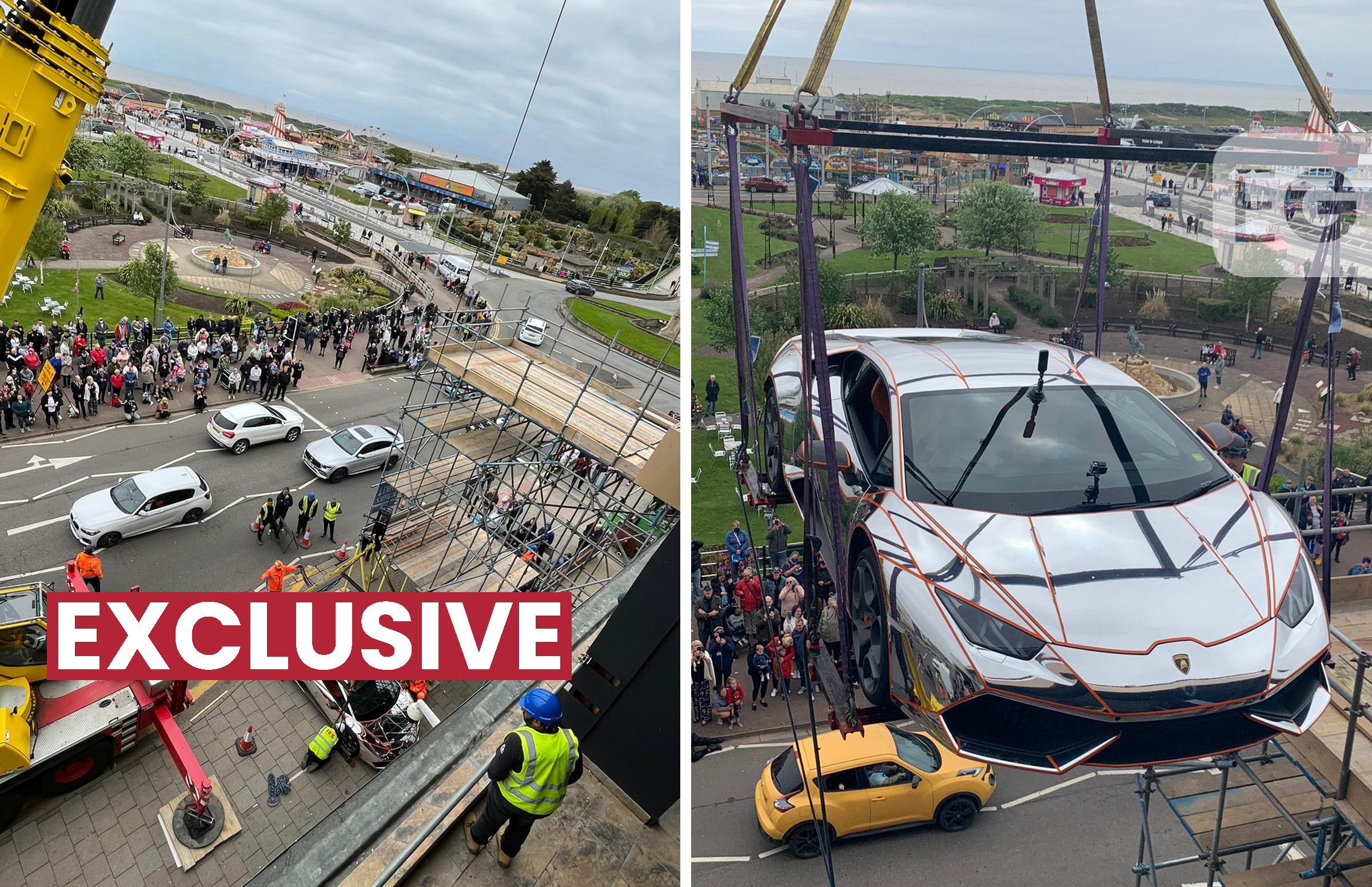 Custom Lamborghini hoisted into VIP club by crane