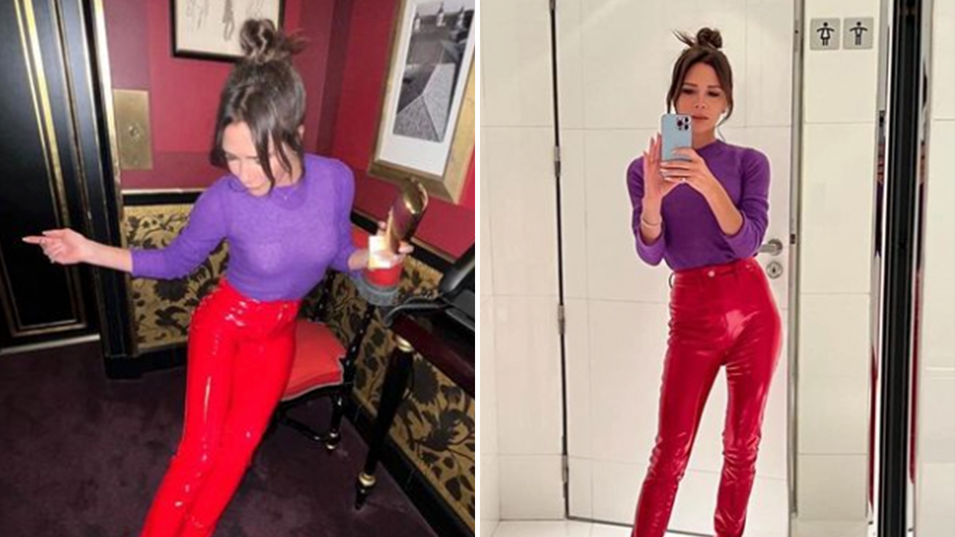 Victoria Beckham shows off her long legs in pair of bright red 'sex pants'