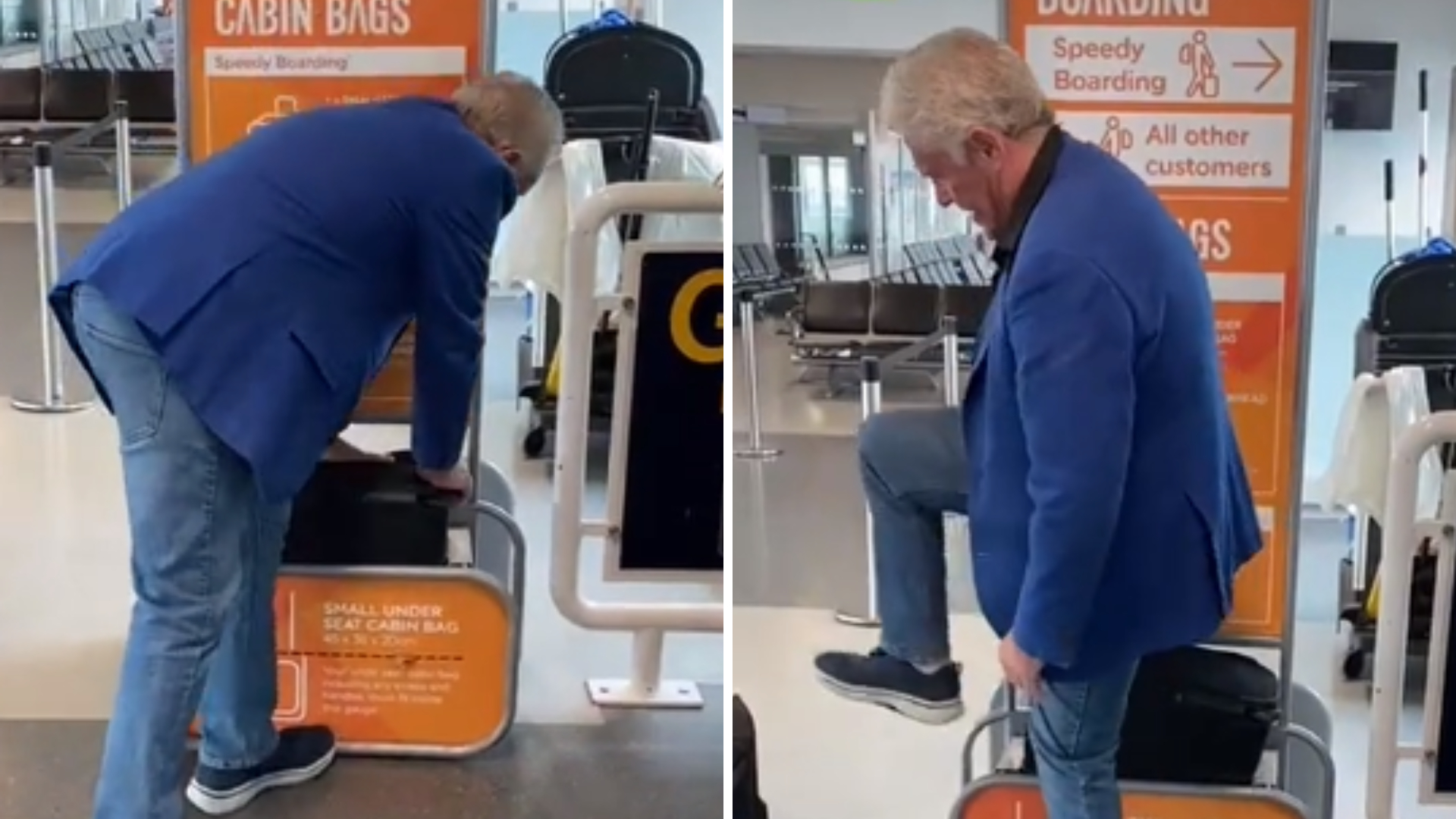 Hilarious moment easyJet passenger kicks suitcase to fit hand luggage