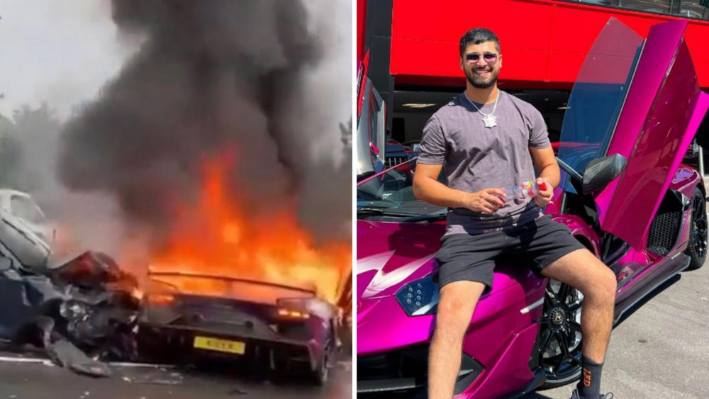 Terrifying moment Lord Aleem's £300K Lamborghini bursts into flames